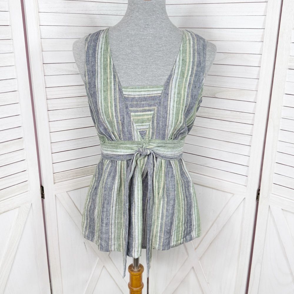 Kasper Linen Striped Tie Waist Sleeveless Tank Top‎ Shirt Green Blue 8 Boho